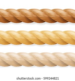 Realistic Rope Vector. Different Thickness Rope Set Isolated On White Background. Illustration Of Twisted Nautical Thick Lines. Graphic String Cord For Borders.
