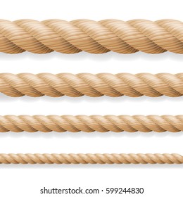 Realistic Rope Vector. Different Thickness Rope Set Isolated On White Background. Illustration Of Twisted Nautical Thick Lines. Graphic String Cord For Borders.
