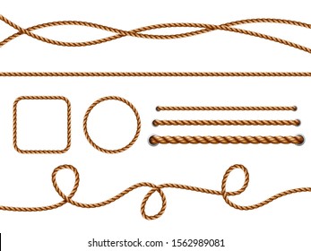 Realistic ropes. Yellow or brown curved nautical ropes with knots vector template