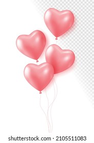 Realistic rose 3d heart balloons isolated on transparent background. Air balloons for Birthday parties, celebrate anniversary, weddings festive season decorations. Helium vector balloon illustration.