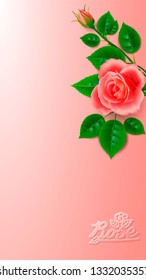 Realistic rose with bud and artistic inscription. Layout design for decoration of cards for the wedding day or birthday or anniversary. Wallpaper for the screen. Vertical.