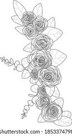 Realistic rose flower bouquet with eucalyptus leafs sketch template. Vector illustration in black and white for games, background, pattern, decor. Print for fabrics and other surfaces. Coloring paper