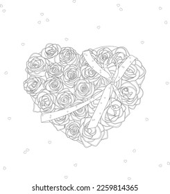 Realistic rose flower bouquet in heart shape with ribbon graphic sketch template. Vector illustration in black and white for games, background, pattern, decor. Coloring paper, page, story book, print 