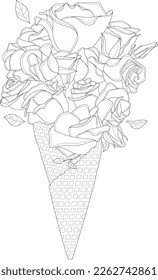 Realistic rose flower bouquet in ice cream cone graphic sketch template. Vector illustration in black and white for games, background, pattern, decor. Coloring paper, page, story book, print