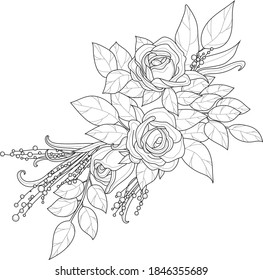 Realistic rose flower bouquet with leafs sketch template. Vector illustration in black and white for games, background, pattern, decor. Print for fabrics and other surfaces. Coloring paper, page, book