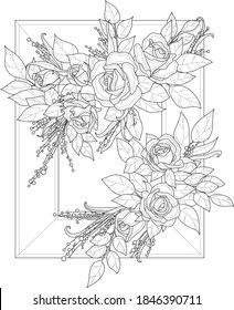 Realistic Rose Flower Bouquets With Leafs On Picture Frame Sketch Template. Vector Illustration In Black And White For Games, Background, Pattern, Decor. Print For Fabrics. Coloring Paper, Page, Book