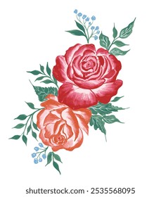 conjunto de flores de rosa aberto com folhas tropicais em tinta aquarela. design para papel de parede, cartão de convite, cartão de casamento, tecido.