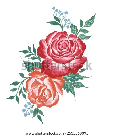 realistic rose flower bunch isolated on white background. set of open rose flowers with tropical leaves in watercolor paint. design for wallpaper, invitation card, wedding card, fabric.