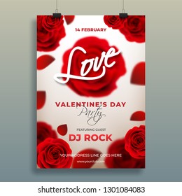 Realistic rose flower decorated Valentine's Day template or flyer design with stylish lettering of love.