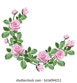 Realistic rose flowers, a bouquet of sweet pink roses with leaves on white background. Vector illustration.