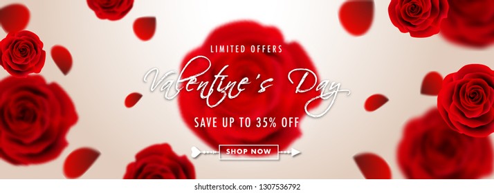 Realistic rose flowers on glossy background for Valentine Day sale poster design with 35% discount offer.