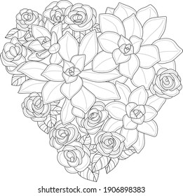 ハートシェイプのスケッチテンプレートで リアルなバラの花と多肉質の植物のブーケ ゲーム 背景 パターン デコール用の白黒のベクターイラスト 塗り紙 ページ ストーリーブック 印刷 のベクター画像素材 ロイヤリティフリー 1906 Shutterstock