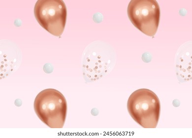 Realistic rose gold and transparent balloons celebration background vector