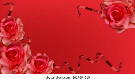 Realistic rose isolated with red background, beautiful pink flower, romantic card, valentines day, wedding banner, sale vector illustration 