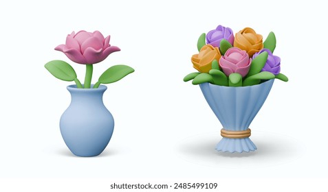 Realistic rose, peony in blue vase, bouquet of flowers in paper wrapper