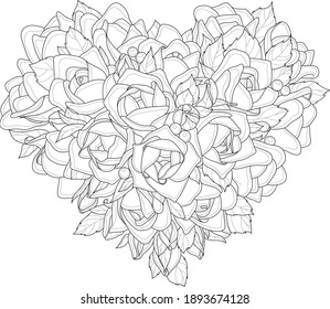 Realistic rose and peony flower bouquet in heart shape sketch template. Vector illustration in black and white for games, background, pattern, decor. Coloring paper, page, story book. Print for fabric