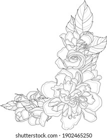 Realistic Rose And Peony Flower Bouquet With Leafs Sketch Template Border. Corner Frame Vector Illustration In Black And White For Games, Background, Pattern, Decor. Coloring Paper, Page, Story Book. 