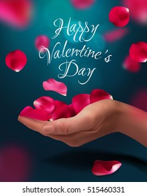 Realistic rose petals and hand on a blue background,  Valentines day card.
