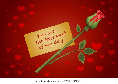 realistic rose with a signed card you are the best part of my day, on Valentine's Day, on a dark red background with red hearts