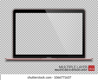 Realistic Rosegold Notebook with Transparent Screen Isolated. 12 inch Laptop. Open Display. Can Use for Project, Presentation. Blank Device Mock Up. Separate Groups and Layers. Easily Editable Vector.