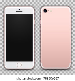 Realistic Rosegold Smartphone with Blank Screen Isolated on Background. Front and Back View For Print, Web, Application. High Detailed Device Mockup Separate Groups and Layers. Easily Editable Vector.