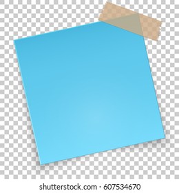 Realistic rotated blue sticker with adhesive tape on corner with shadow on transparent background, empty blue note template for your design. Vector illustration isolated.