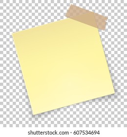 Realistic rotated yellow sticker with adhesive tape on corner with shadow on transparent background, empty yellow note template for your design. Vector illustration isolated.