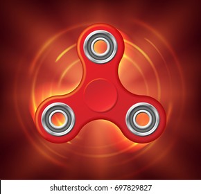 Realistic rotating red spinner stylized in a fire. Fidget spinner toy burns in space. Vector illustration