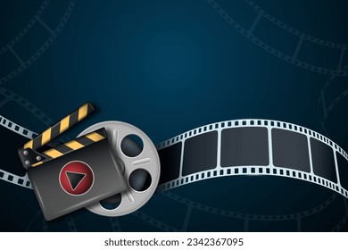 Realistic rotation reel, clapper board and film strip in waveform. Cinema background with 3d icons of equipment for film industry. Template for festival, ticket, brochure, publication, banner, poster.