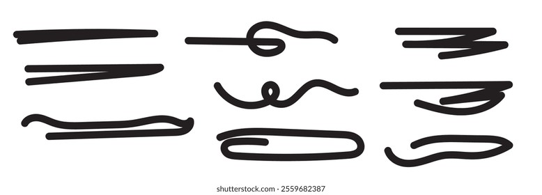 Realistic Rough Black Marker Brush Ink Line Stroke Set Isolated Collection. Grunge Paper Texture. 333