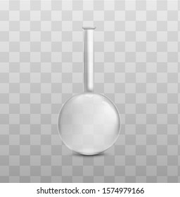 Realistic round beaker flask for biology laboratory research - isolated empty sphere bottle for chemical liquid analysis on transparent background - vector illustration