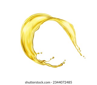 Realistic round beer or soda, oil or juice splash with transparent wave. Isolated 3d vector yellow liquid dynamic swirl of falling water, honey, orange, apple, mango or lemon juice, captured mid-air