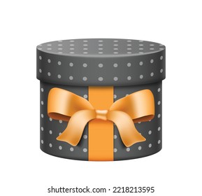 Realistische runde schwarze Geschenkbox mit goldenem Band und Schleife zum Geburtstag, Weihnachten, Valentinstag, Party, Jubiläum einzeln auf weißem Hintergrund. Vektorgrafik