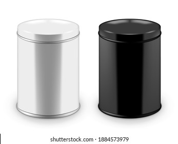 Realistic Round Black And White Glossy Tin Can With Lid. EPS10 Vector