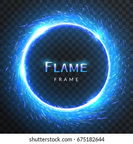 Realistic Round Blue Flame Frame With Inscribed Text, Vector Template Illustration On Transparent Background