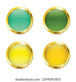 Realistic round button with golden frame. Golden badge set. Glossy yellow green pin