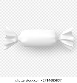 Doce redondo realista em uma embalagem branca em branco com extremidades enroladas. Pirulito ou caramelo. Para modelos de marca e design de embalagem de doces. Ilustração vetorial. Fundo transparente isolado.