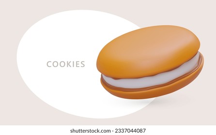 Sándwich de galletas redondas realistas con crema blanca. Concepto de diseño web con texto. Publicidad de dulces. Preparación para la competencia de cocina. Plantilla de volante de vectores