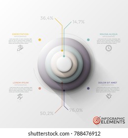 Realistic round diagram with 4 circular elements, percentage or proportion indication, thin line icons and text boxes. Unique infographic design template. Vector illustration for statistical report.