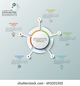 Realistic round diagram consisted of 5 sectoral parts connected with linear symbols and text boxes. Futuristic element for website interface, concept of navigation tool. Vector illustration for app.