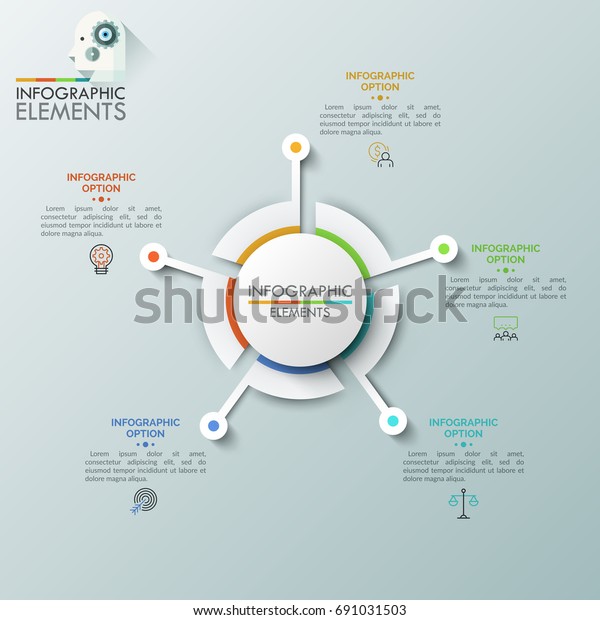 Realistic round diagram consisted of 5 sectoral\
parts connected with linear symbols and text boxes. Futuristic\
element for website interface, concept of navigation tool. Vector\
illustration for\
app.