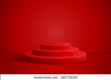 Modelación de podio de pantalla redonda realista. Escena roja mínima con plataforma de cilindros para la presentación de productos. Ilustración vectorial de pedestal para regalo de navidad o regalo de San Valentín presente