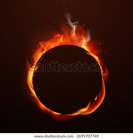 Realistic round fire frame with glowing flames and smoke, isolated on dark background. Vector illustration of burning circle with place for your text.