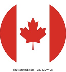 Realistic round flag of Canada with transparent background, accurately representing the country's national identity through its red maple leaf and symmetrical design.
