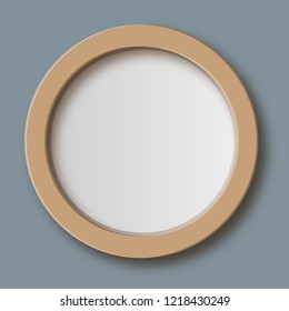 Realistic round frame. Isolated on grey background. Wood, plastic. Space for the image or lettering. Vector illustration.