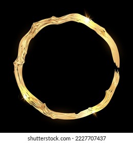 Realistic round frame made of liquid shiny gold on a black background. Golden frame with place for text. Vector illustration.