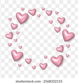 Realistic round frame for Valentine's Day, Mother's Day, Women's Day, Wedding. 3d pink hearts isolated on transparent background