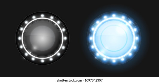 Realistic round glass lamp or car headlight isolated on black background. Vector 3d illustration.