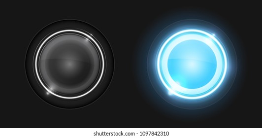 Realistic round glass lamp or car headlight isolated on black background. Vector 3d illustration.