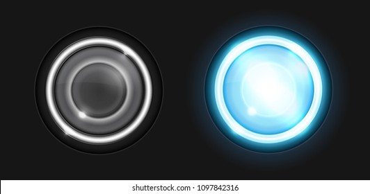 Realistic round glass lamp or car headlight isolated on black background. Vector 3d illustration.